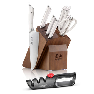 
                    
                      10-piece knife set with stainless steel blades and white handles in an acacia wood block, plus a black knife sharpener.
                    
                  