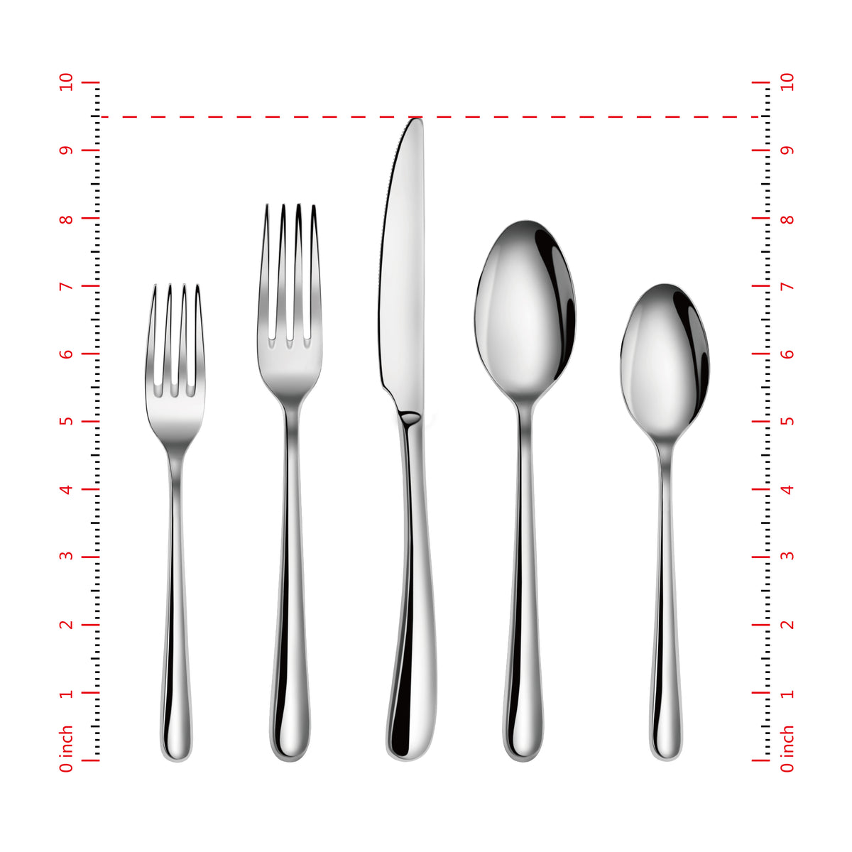 Five stainless steel flatware pieces including a salad fork, dinner fork, knife, tablespoon, and teaspoon aligned vertically.