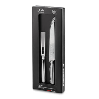 
                    
                      Two-piece carving set with a carving knife and fork, both with stainless steel blades and handles, in black packaging.
                    
                  