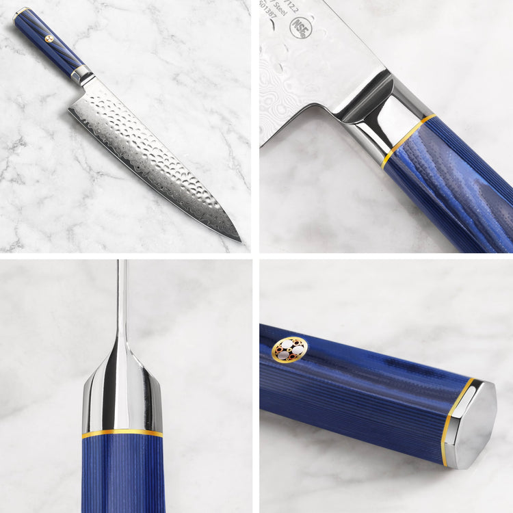 10-inch chef's knife with hammered Damascus steel blade and blue textured handle with metal accents.