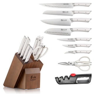 
                    
                      Knife block set with eight knives, kitchen shears, and a knife sharpener, featuring a wooden acacia block.
                    
                  