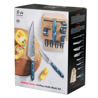 
                    
                      Knife block set with blue-handled knives and kitchen scissors displayed with sliced yellow bell peppers on a cutting board.
                    
                  