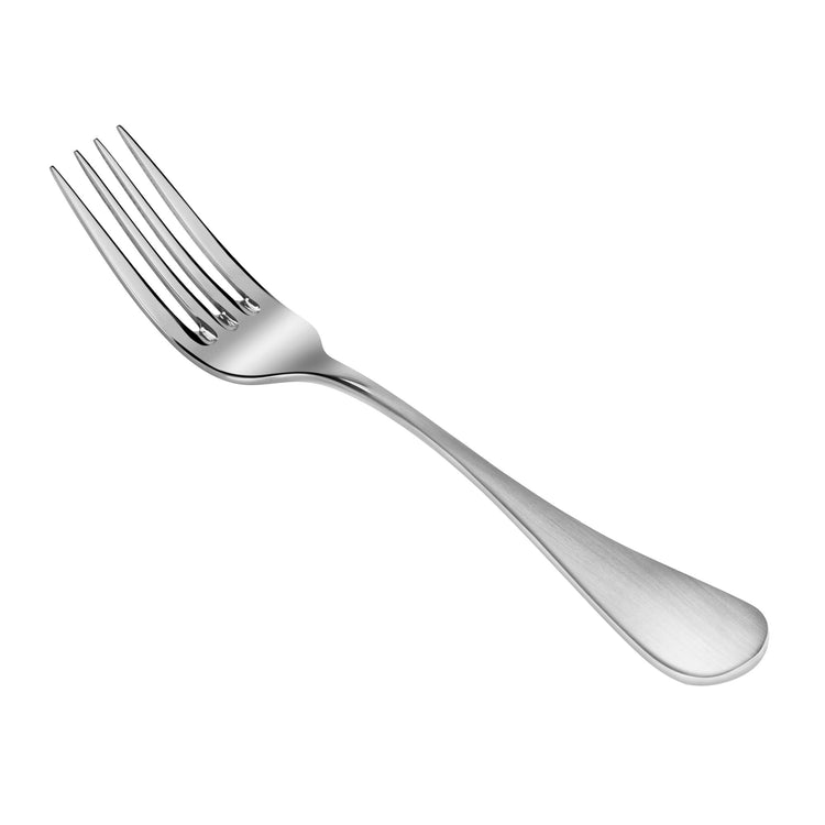 Stainless steel dinner fork with four tines and matte finish handle from the RAIN Series.