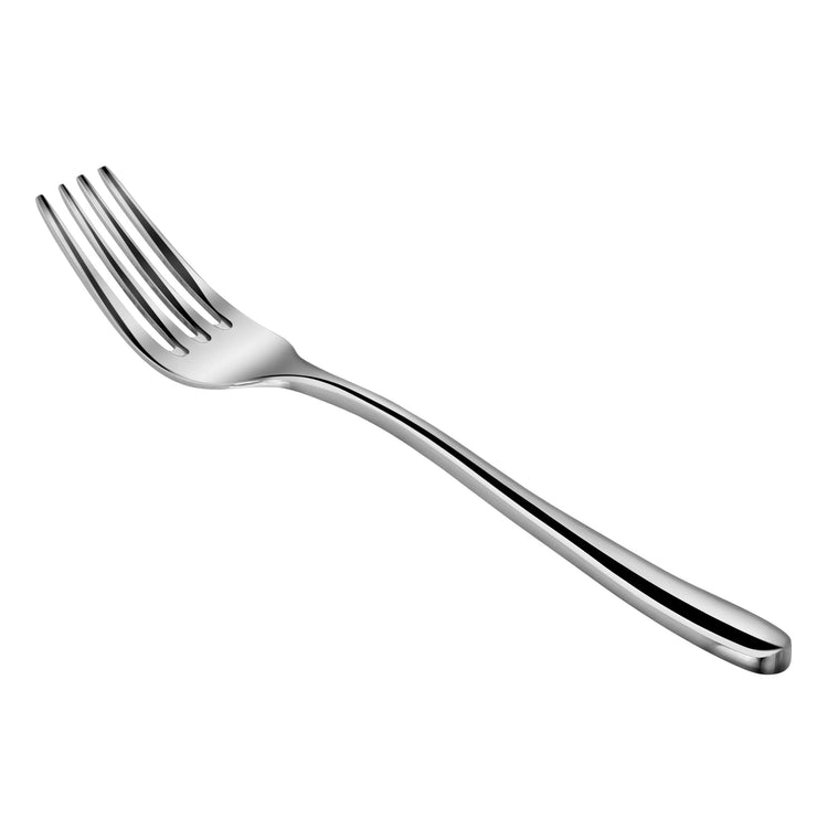 Single stainless steel salad fork with a mirror finish and four tines, slightly curved handle.