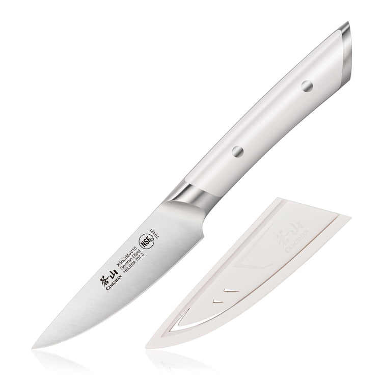 3.5-inch paring knife with white handle and matching sheath, featuring a sharp pointed blade and metal rivets.