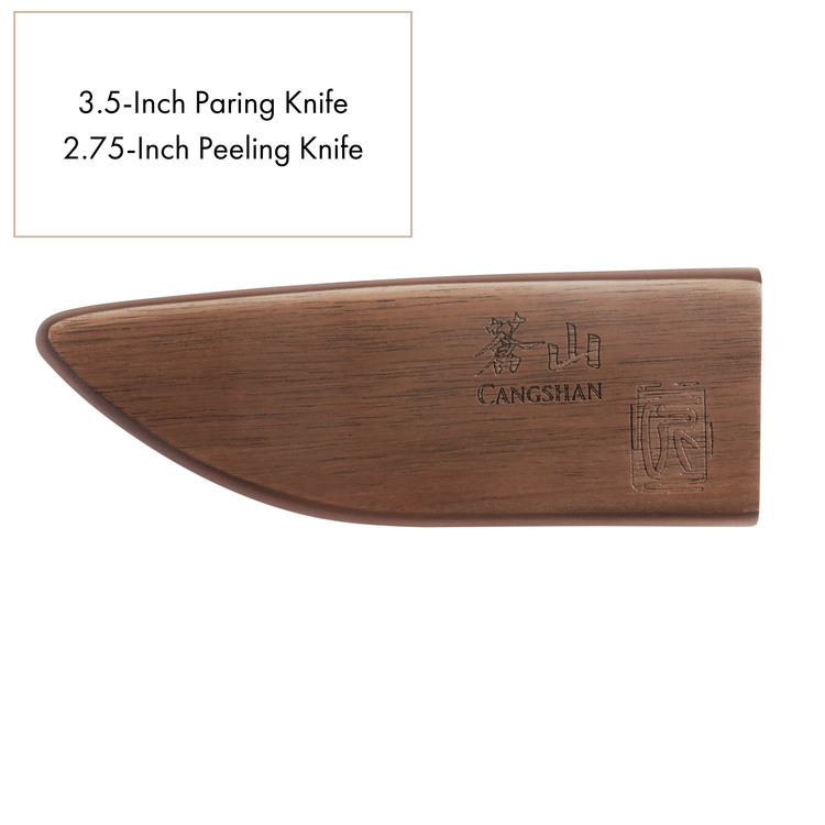 Walnut magnetic knife sheath with engraved logo, designed for 3.5-inch paring and 2.75-inch peeling knives.