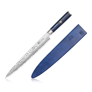 
                    
                      10-inch sashimi knife with hammered Damascus steel blade and blue handle, shown with matching blue sheath.
                    
                  