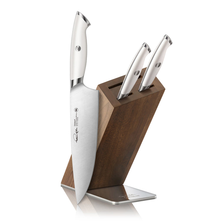 Four-piece knife block set with three knives in a wooden block and one large chef's knife resting against it.