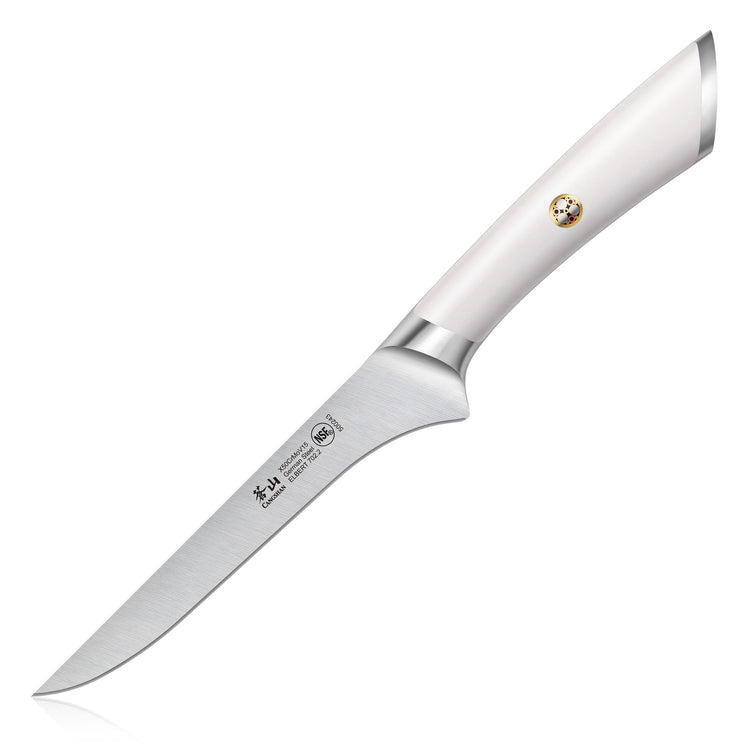 6-inch boning knife with a curved white handle and a narrow stainless steel blade.