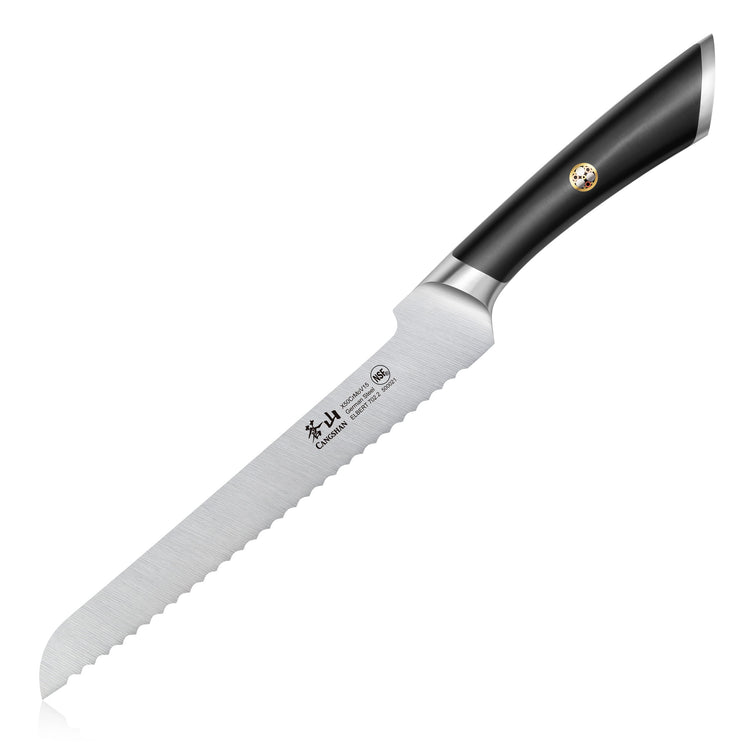 8-inch serrated bread knife with black ergonomic handle and forged German steel blade.