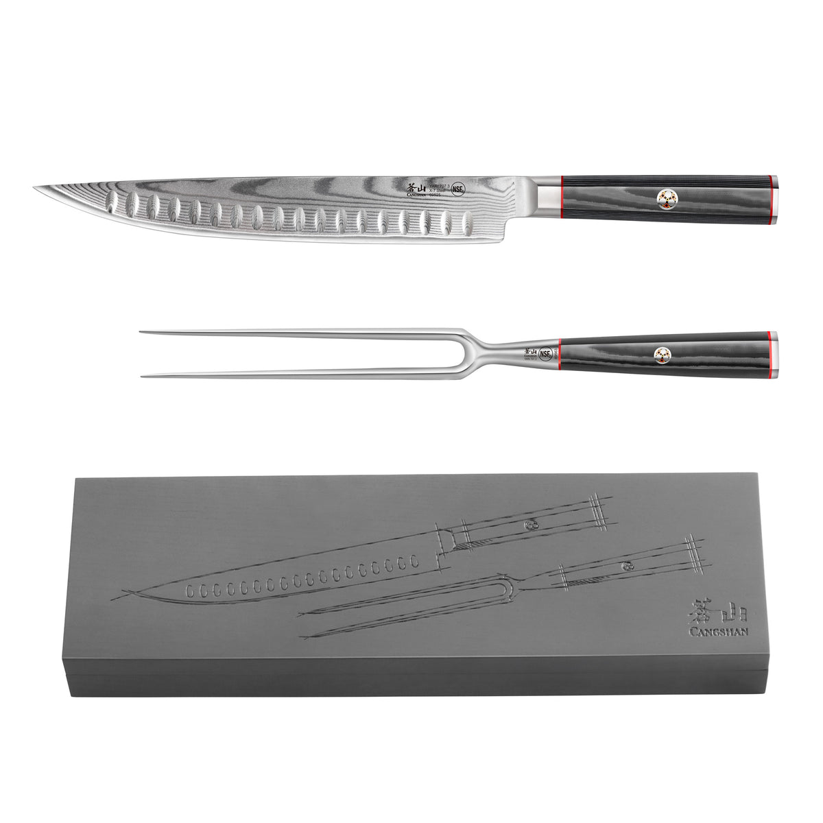 Carving knife and fork with black handles and Damascus steel blades, displayed above a matching ash wood storage box.