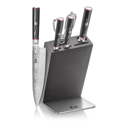 Six-piece knife block set with four knives and two kitchen tools in a black wooden block with stainless steel base.