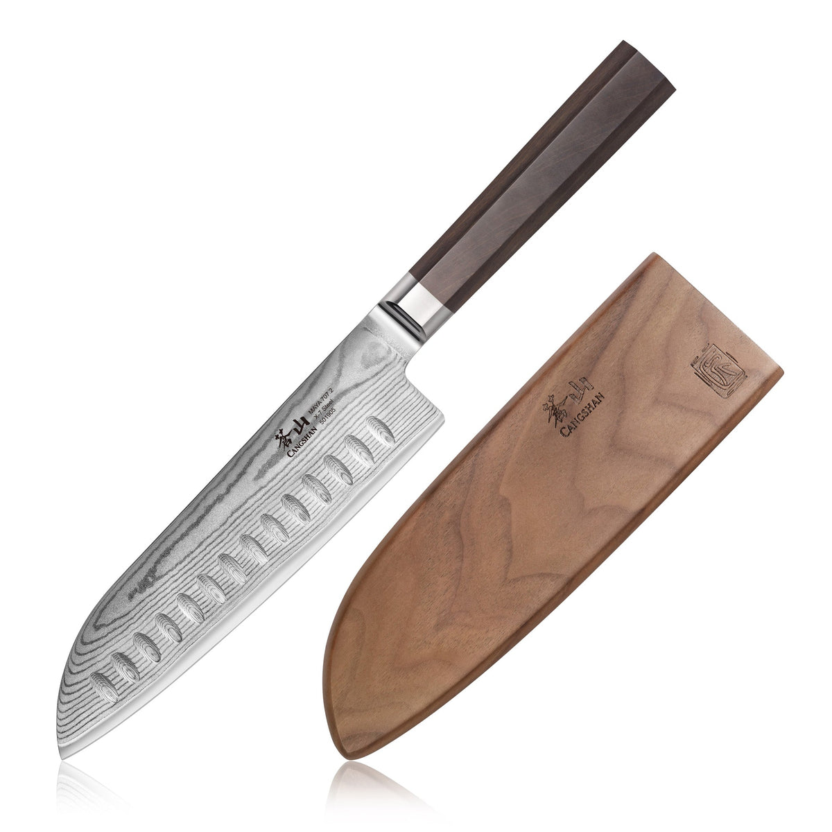 MAYA Series 7-inch Santoku Knife X-7 Damascus Steel with dark wood handle and matching wooden sheath.