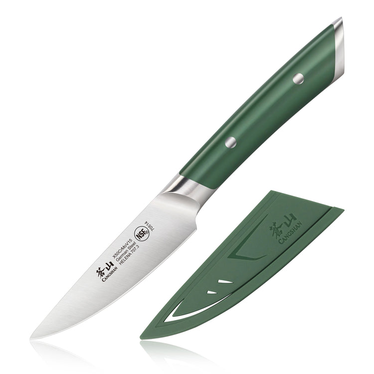 3.5-inch paring knife with green handle and matching green sheath, forged stainless steel blade with brand markings.