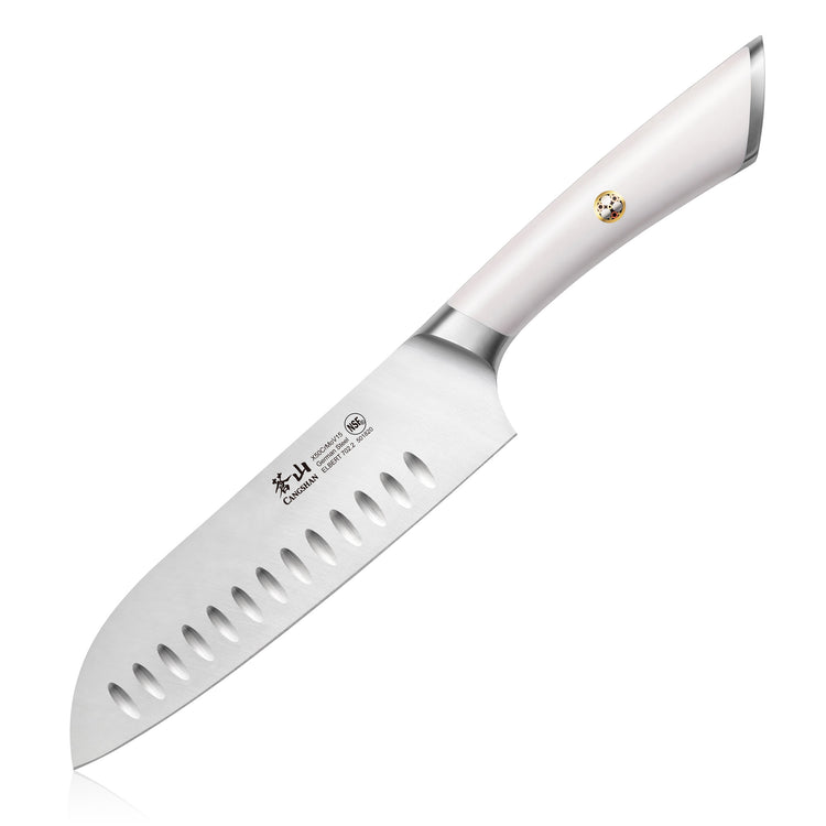 7-inch Santoku knife with white ergonomic handle and hollow edge blade made of forged German steel.