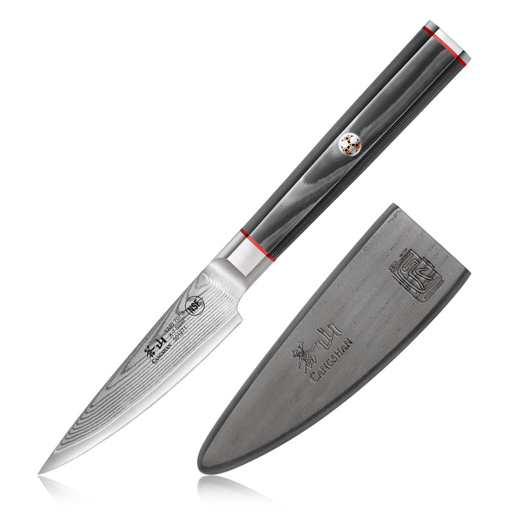 3.5-inch Damascus steel paring knife with black handle and protective gray sheath.