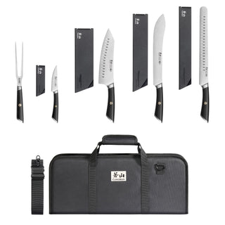 
                    
                      Six-piece BBQ knife set with black handles, including fork, paring, santoku, carving, and slicing knives, plus a black carryi
                    
                  