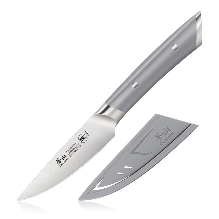 3.5-inch paring knife with a gray handle and matching protective sheath, blade marked with brand and steel type.