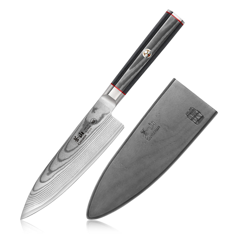 6-inch chef's knife with patterned Damascus steel blade and black handle, shown with a black protective sheath.