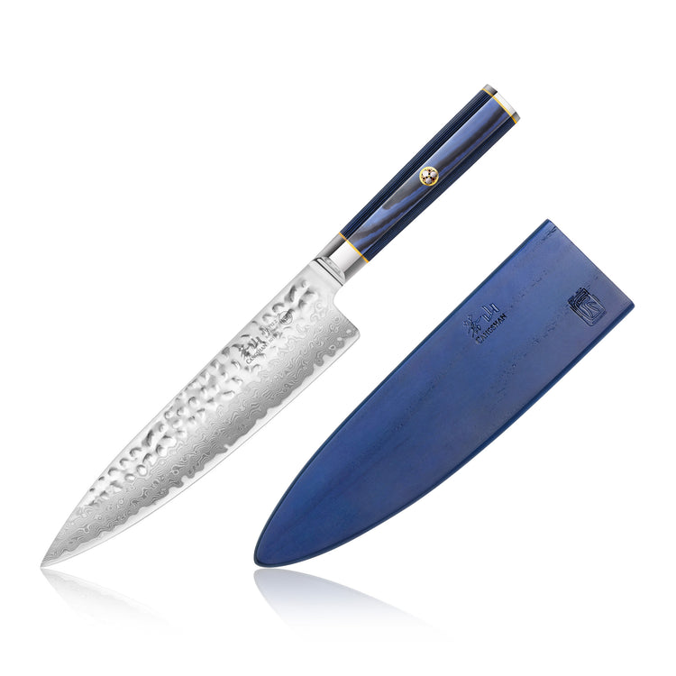 8-inch chef knife with hammered Damascus steel blade and blue handle, next to matching blue sheath.