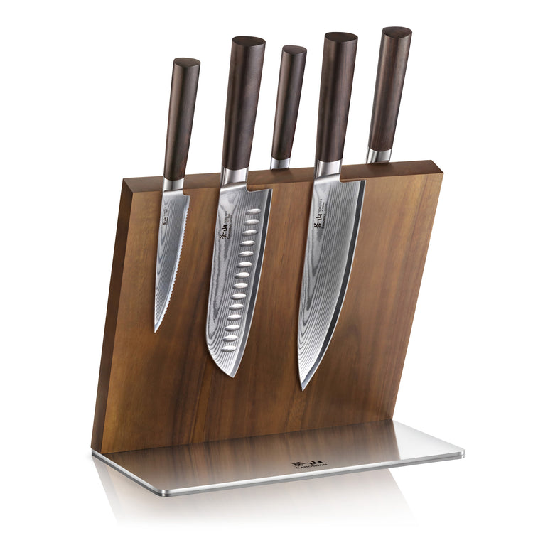 Six-piece knife set with wooden handles in a wooden and metal magnetic block stand.