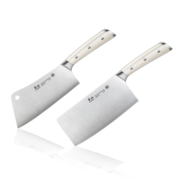 Two stainless steel cleaver knives with white handles, one with a hole near the blade tip, displayed on a white background.