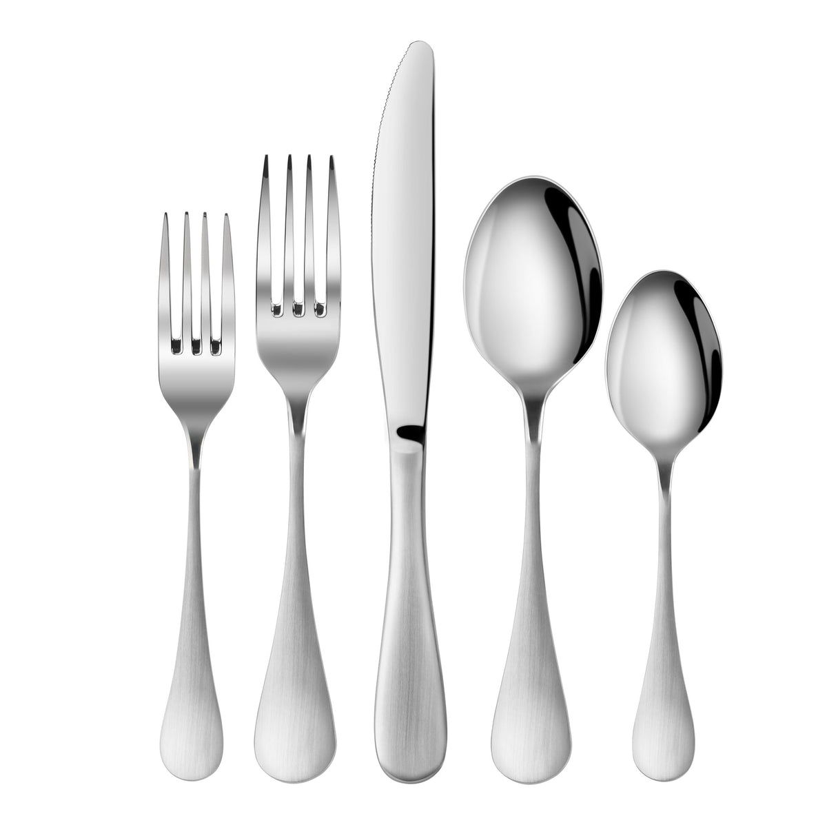 Five stainless steel flatware pieces with matte finish handles: salad fork, dinner fork, knife, tablespoon, and teaspoon.