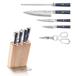 
                    
                      Six-piece knife set with three knives, sharpening steel, kitchen scissors, and wooden block with blue handles.
                    
                  