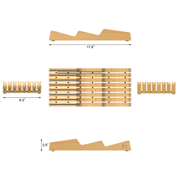 Top and side views of a bamboo knife organizer with 15 slots, showing dimensions 17.8" length, 8.3" width, and 2.9" height.