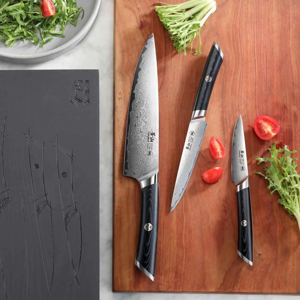 
                  
                    Load image into Gallery viewer, KURO Series 3-Piece Starter Knife Set with Ash Wood Box, High Carbon X-7 Damascus Steel, 504319
                  
                