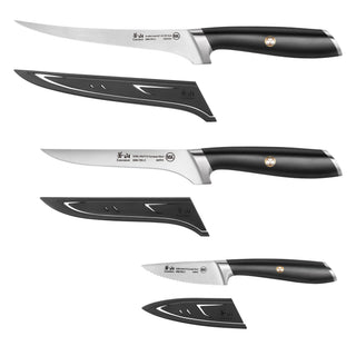 
                    
                      Three black-handled fillet knives of different sizes with matching black protective sheaths.
                    
                  