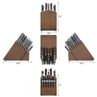 
                    
                      Wooden knife block set with multiple black-handled knives, shown from five angles with dimensions.
                    
                  