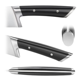 
                    
                      Black knife handle with silver rivets and metal bolster shown from multiple angles including side, top, and end views.
                    
                  