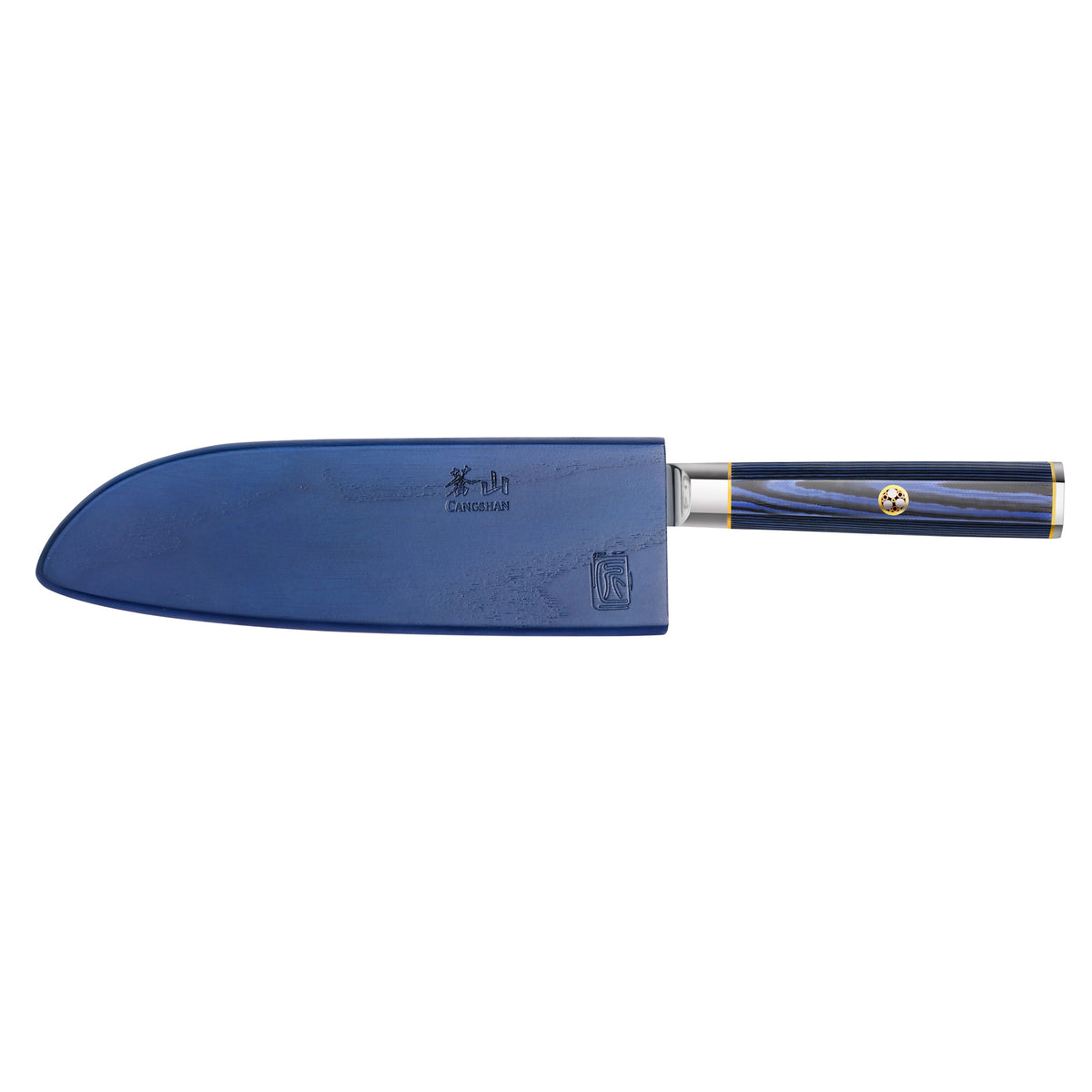 Santoku knife with blue blade cover and blue-black handle with gold accents on white background.