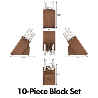 
                    
                      Wooden knife block holding six knives and kitchen shears, shown from multiple angles with dimensions.
                    
                  