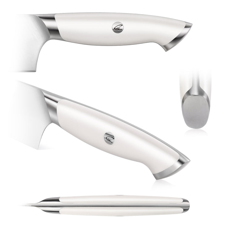 White ergonomic chef knife handle with stainless steel accents and a small circular logo on the side.