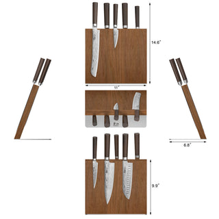 
                    
                      Six kitchen knives with dark handles magnetically attached to two wooden blocks, shown with dimensions.
                    
                  