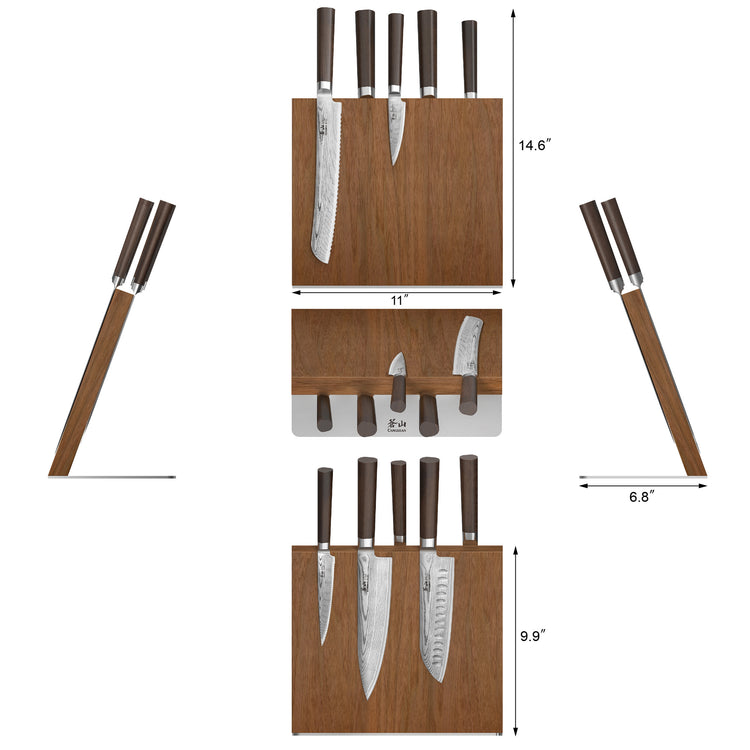 Six kitchen knives with dark handles magnetically attached to two wooden blocks, shown with dimensions.