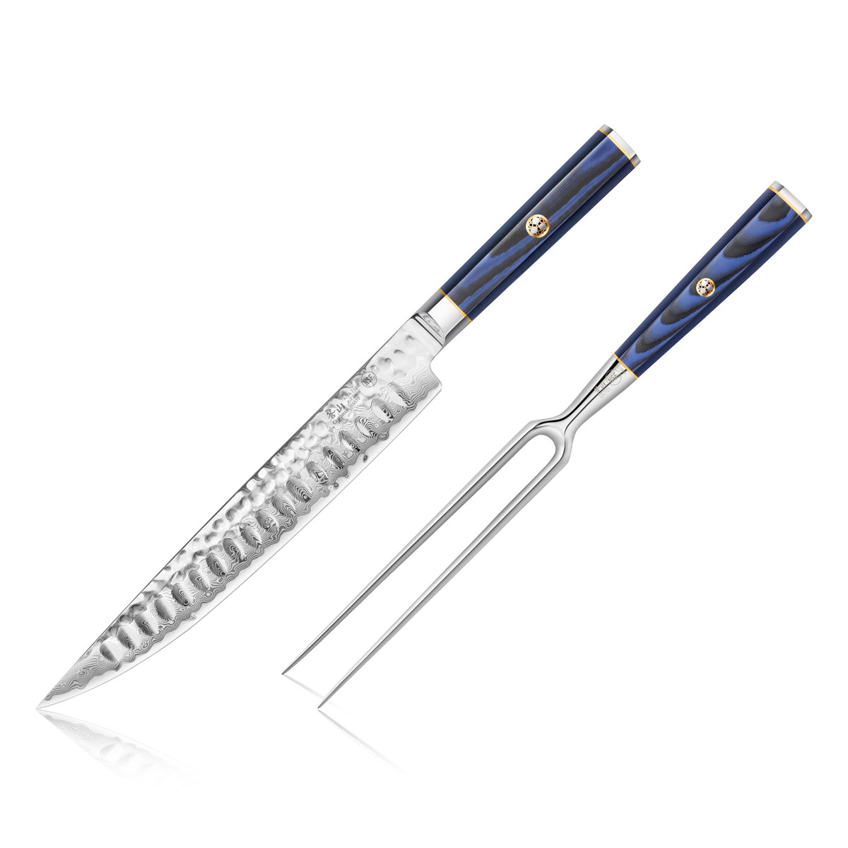 Two-piece carving set with a hammered steel knife blade and a two-prong fork, both with blue handles.