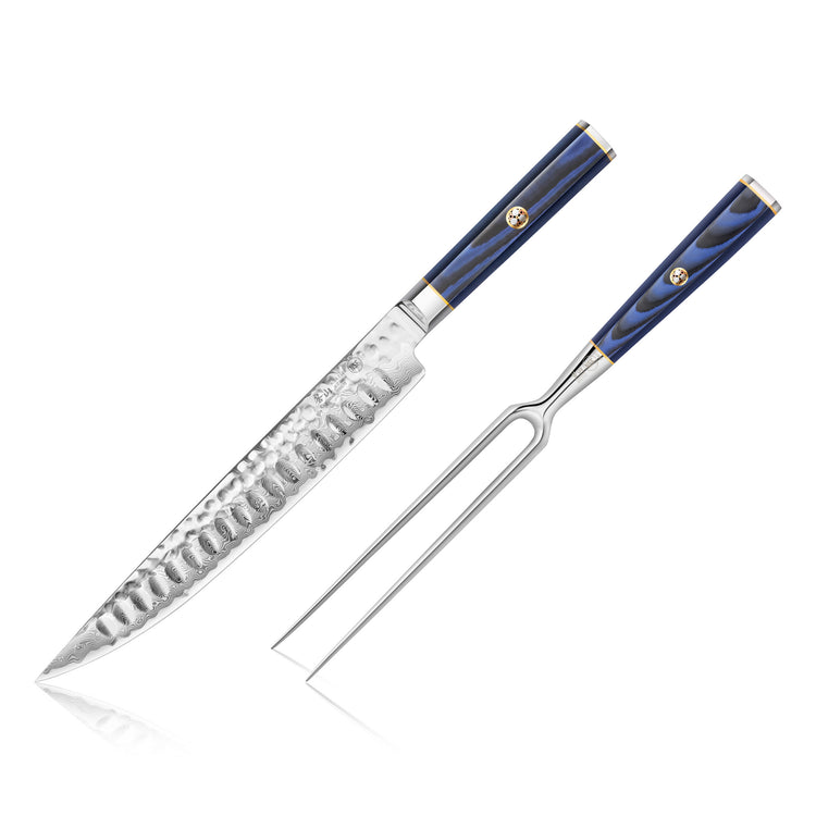 Two-piece carving set with a hammered steel knife blade and a two-prong fork, both with blue handles.