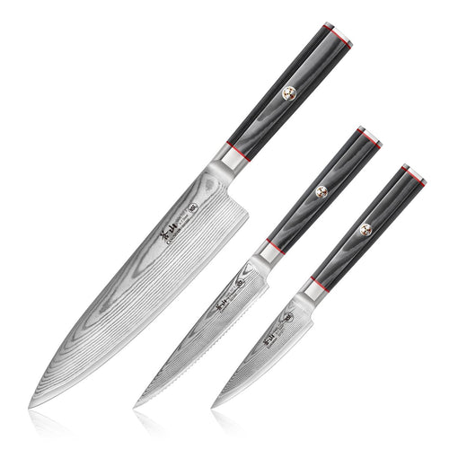 YARI Series 3-Piece Starter Knife Set with Ash Wood Box, X-7 Damascus Steel, 501356