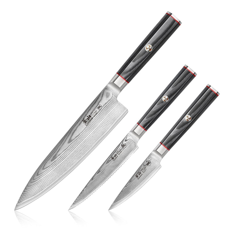 Three kitchen knives with patterned Damascus steel blades and black handles with red accents, arranged side by side.