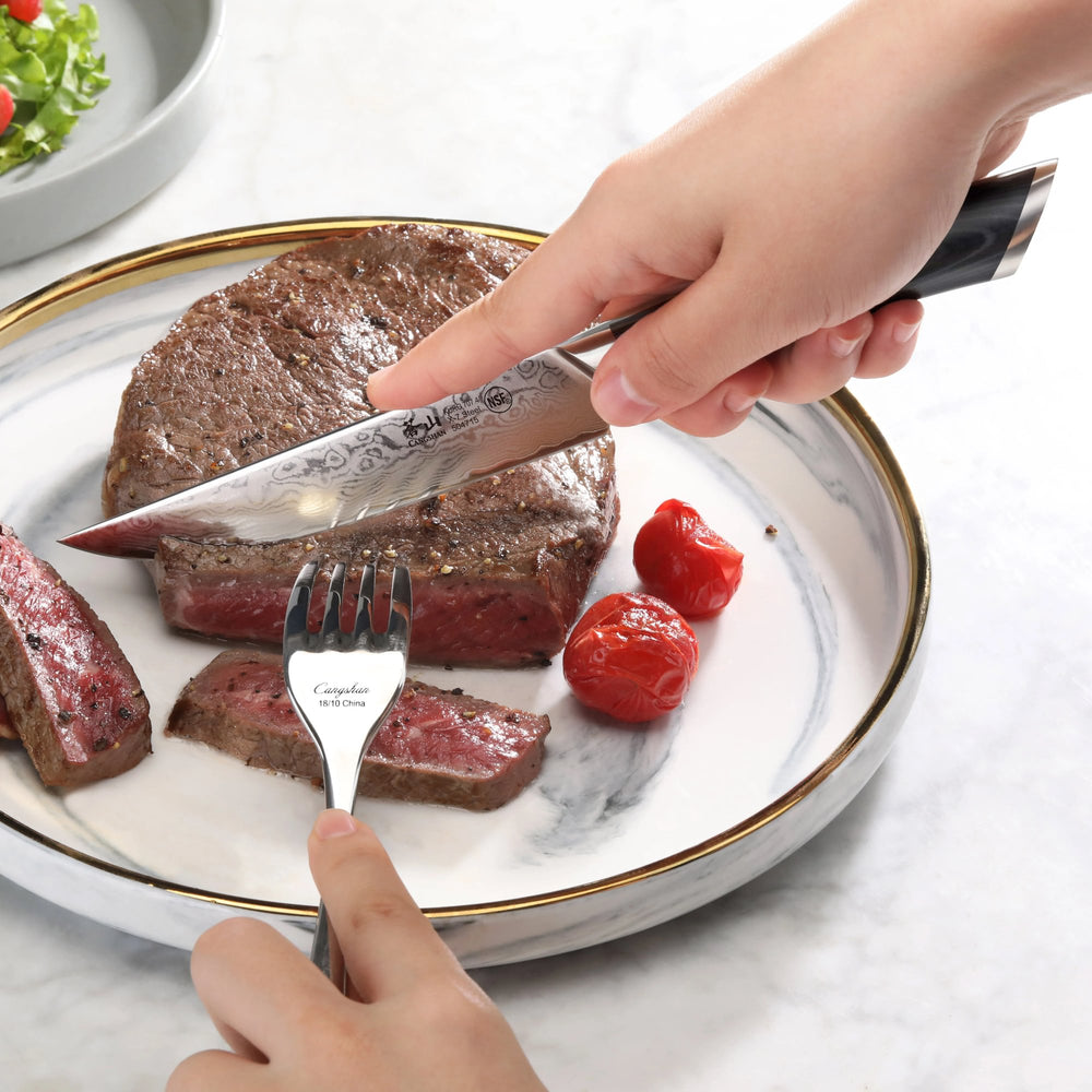 
                  
                    Load image into Gallery viewer, KURO Series 4-Piece Steak Knife Set in Ash Wood Box, High Carbon X-7 Damascus Steel, 504326
                  
                