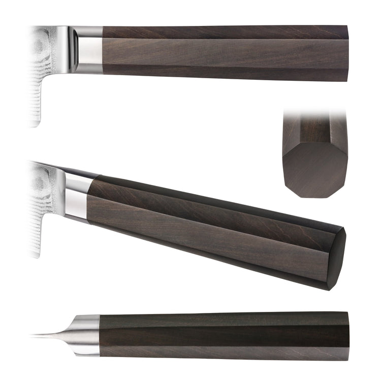 Close-up views of a steak knife handle made of dark wood with a metal bolster and an octagonal shape.