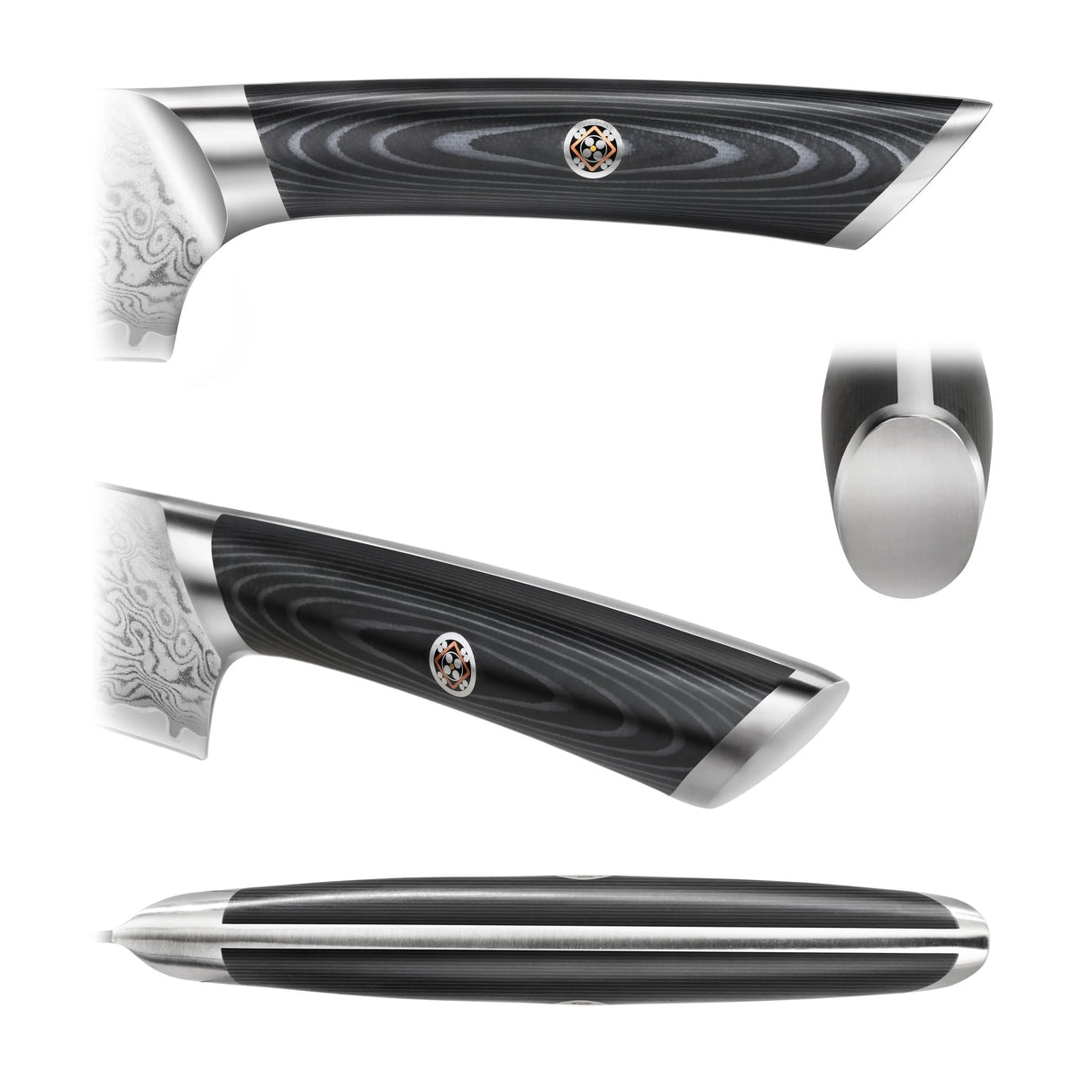 Close-up views of a steak knife handle with dark wood grain, metal bolster, and decorative rivet.