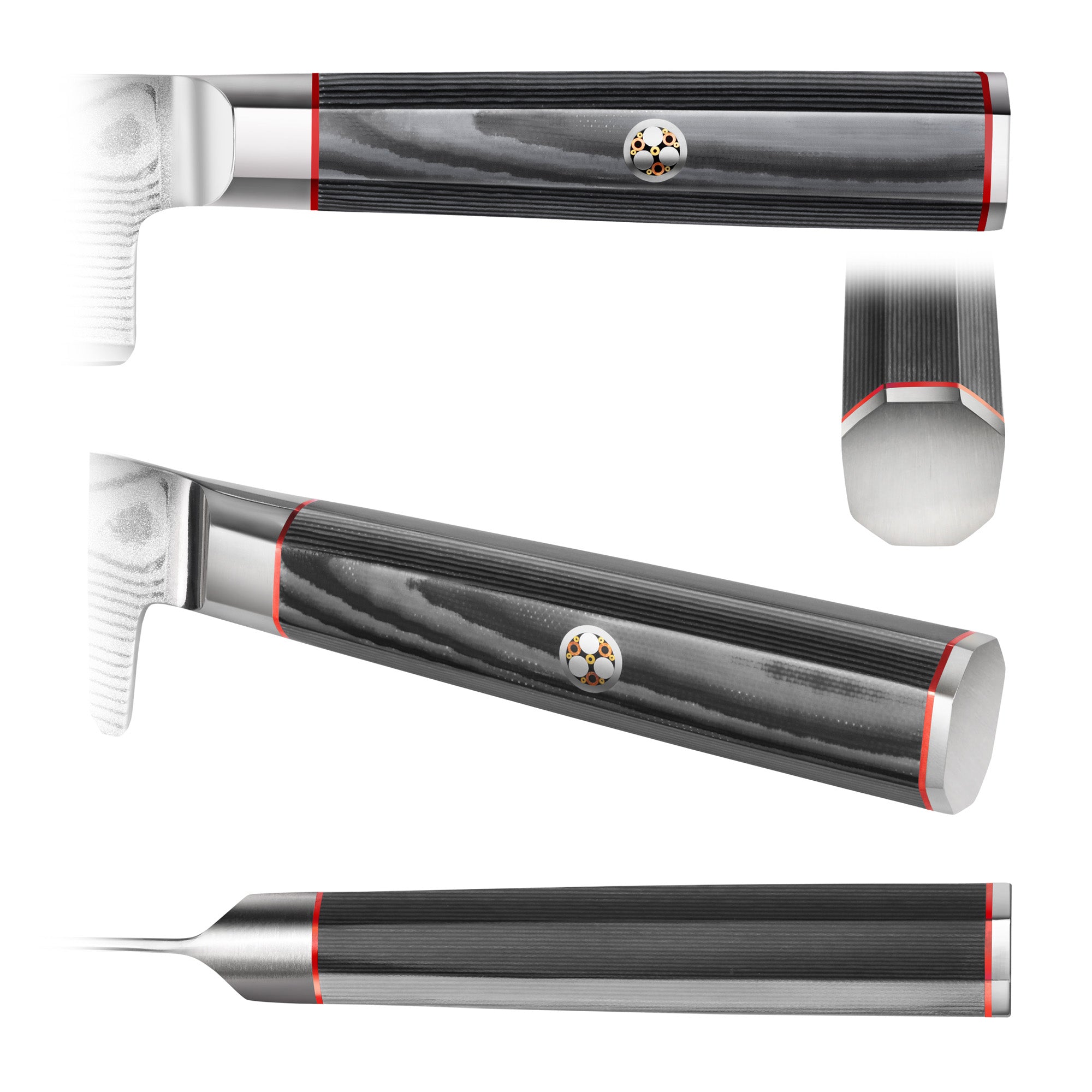 Dark wood grain handle with red accents and a circular emblem, shown from multiple angles including top, side, and end views.