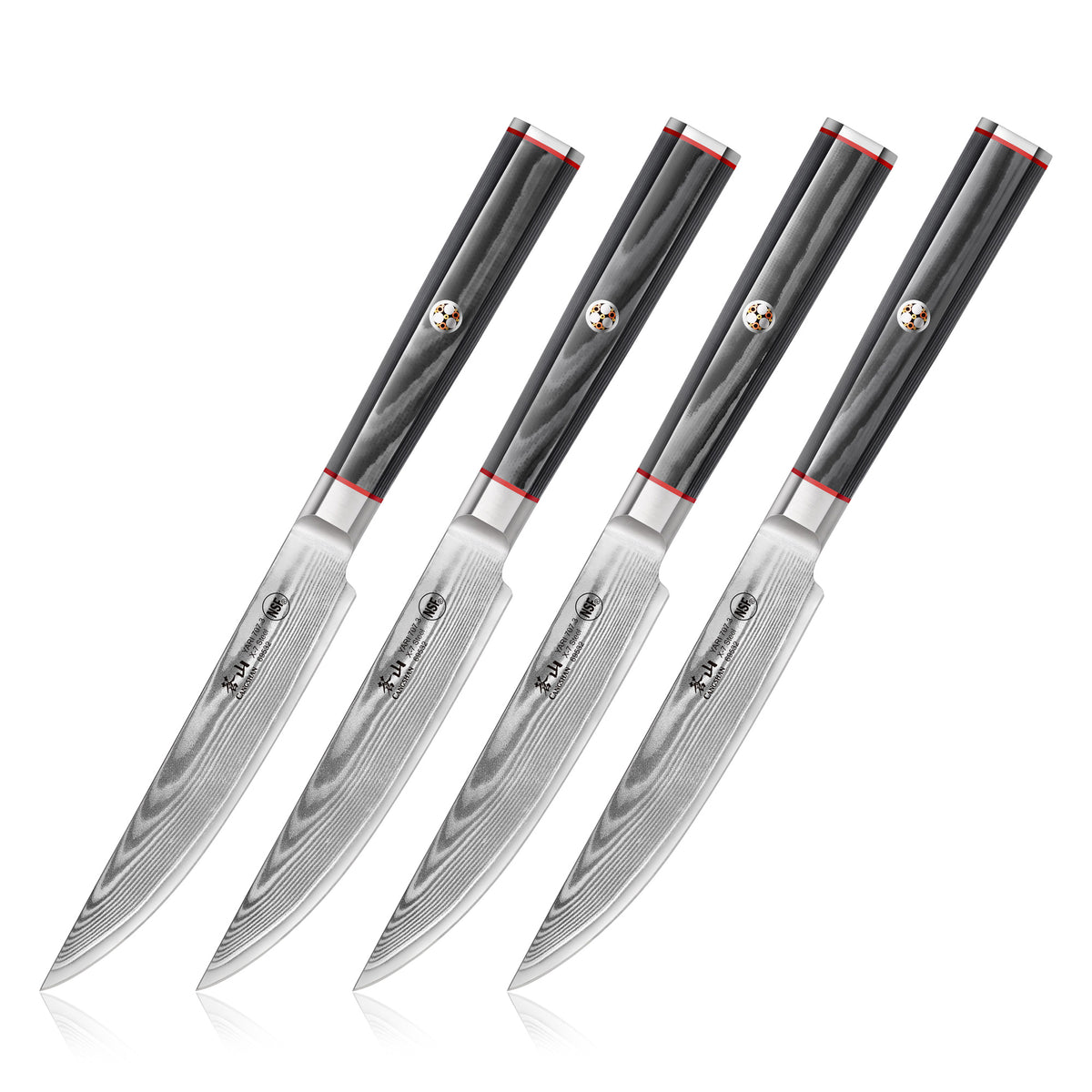 Four steak knives with patterned Damascus steel blades and black handles with red accents, arranged side by side.