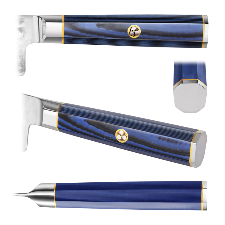 Blue handle of KITA Series 10-Inch Sashimi Knife with gold accents and emblem, shown from multiple angles.