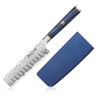 
                    
                      Nakiri knife with patterned Damascus steel blade and blue handle, accompanied by a matching blue sheath.
                    
                  