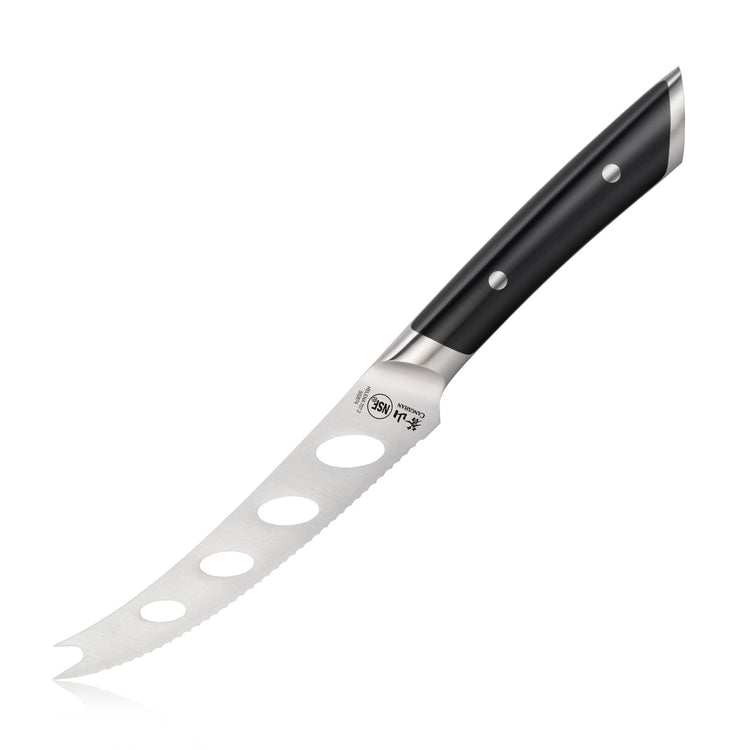 Curved 5-inch tomato knife with a black handle and perforated forged German steel blade.